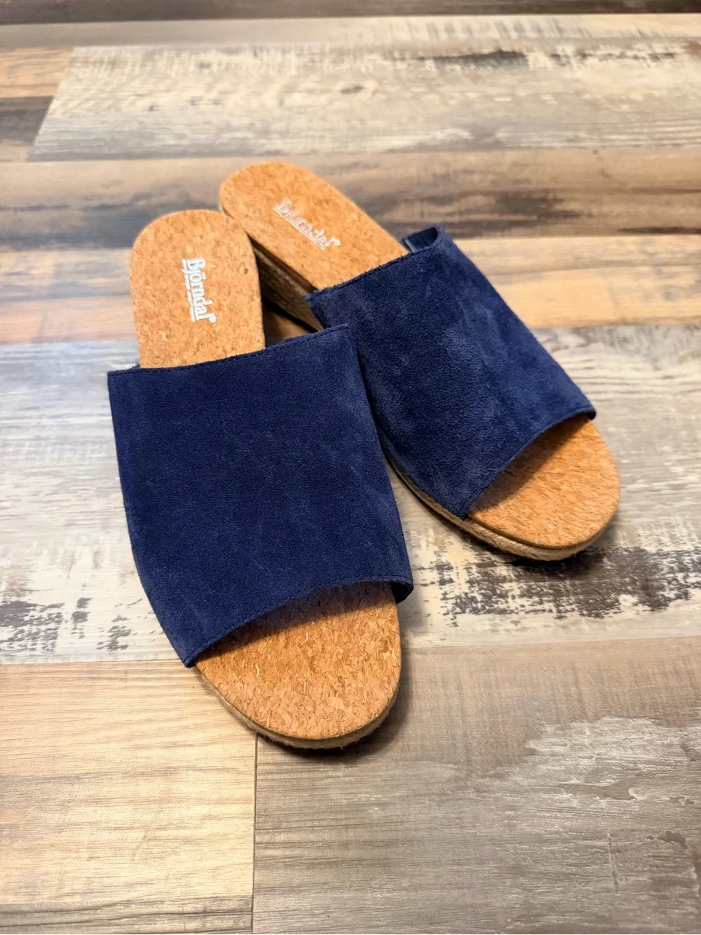 Bjorndal Navy Suede Slip On w/ Cork Wedge Espadrille Sandals EUC